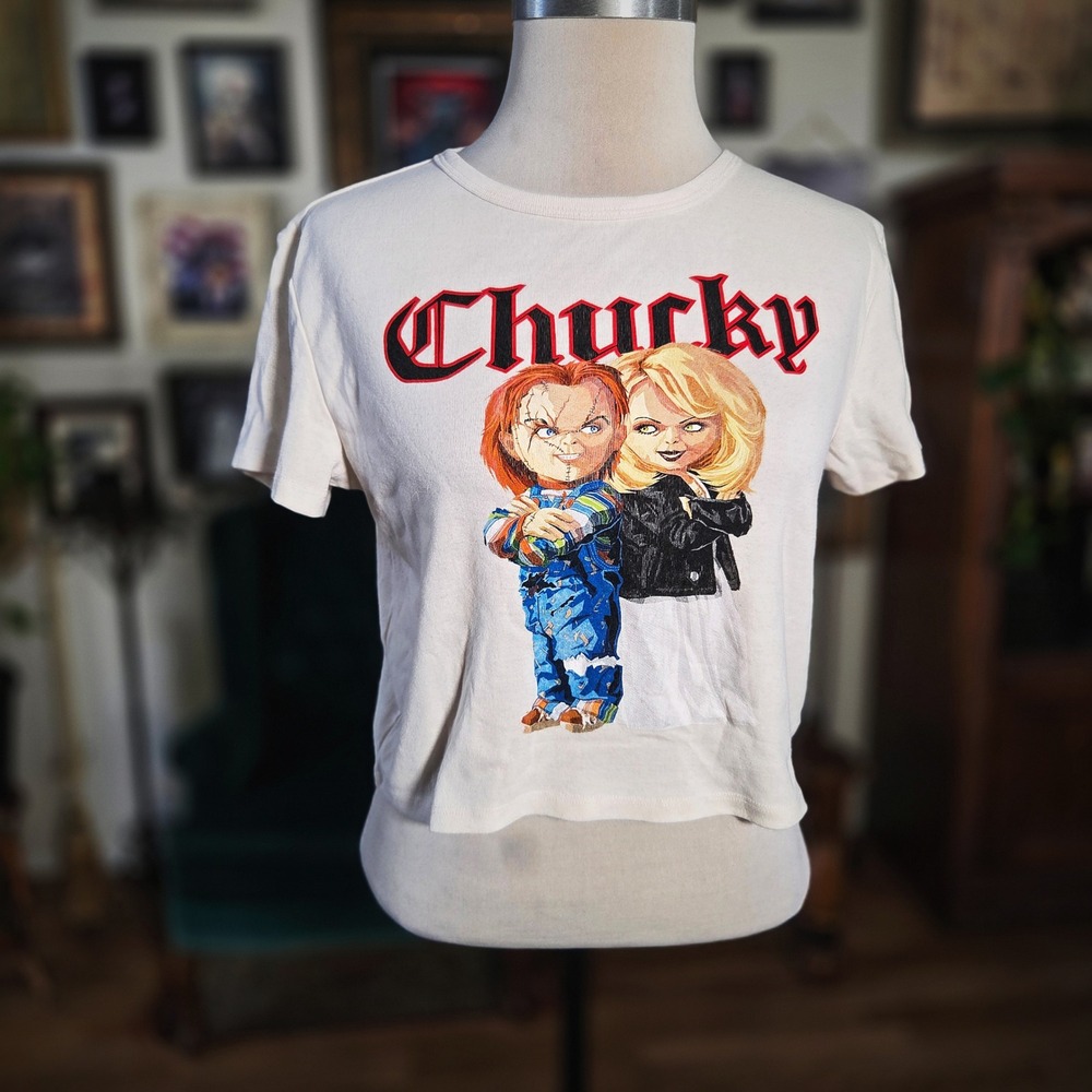 Chucky Bride‎ of Chucky Graphic Crop Top Tee Shirt Cream XL Horror Movie Tiffany